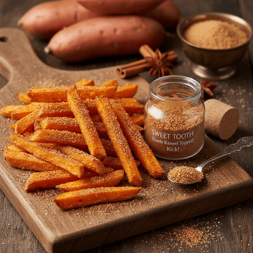 Sweet Potato Fries with a SWEET TOOTH (Zoete Kaneel Topper) Kick!