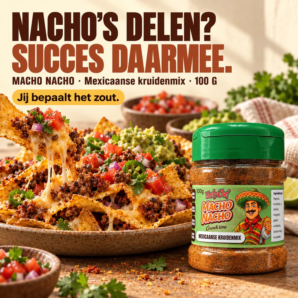 MACHO NACHO — hoofdslide met de belangrijkste belofte