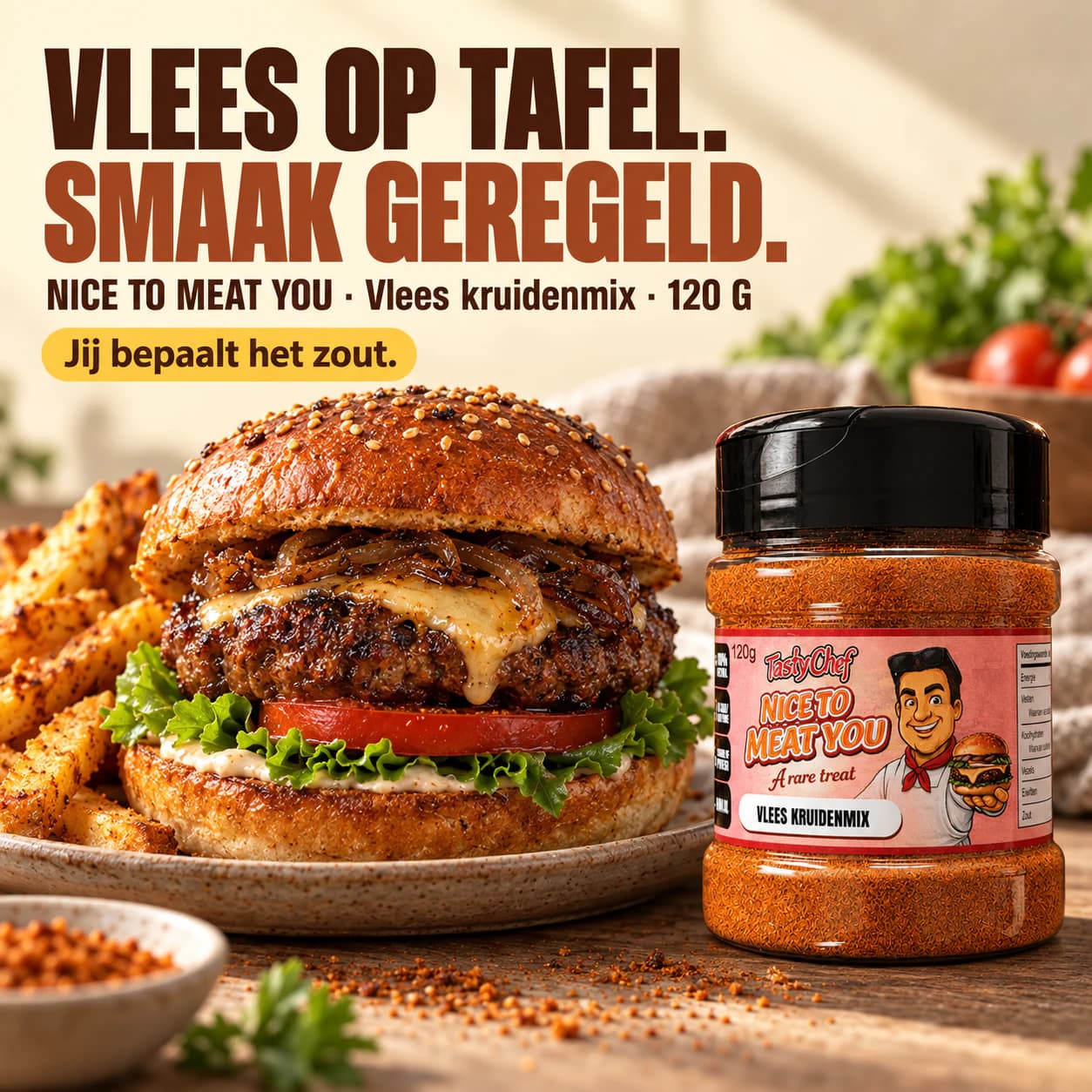 NICE TO MEAT YOU — hoofdslide met de belangrijkste belofte