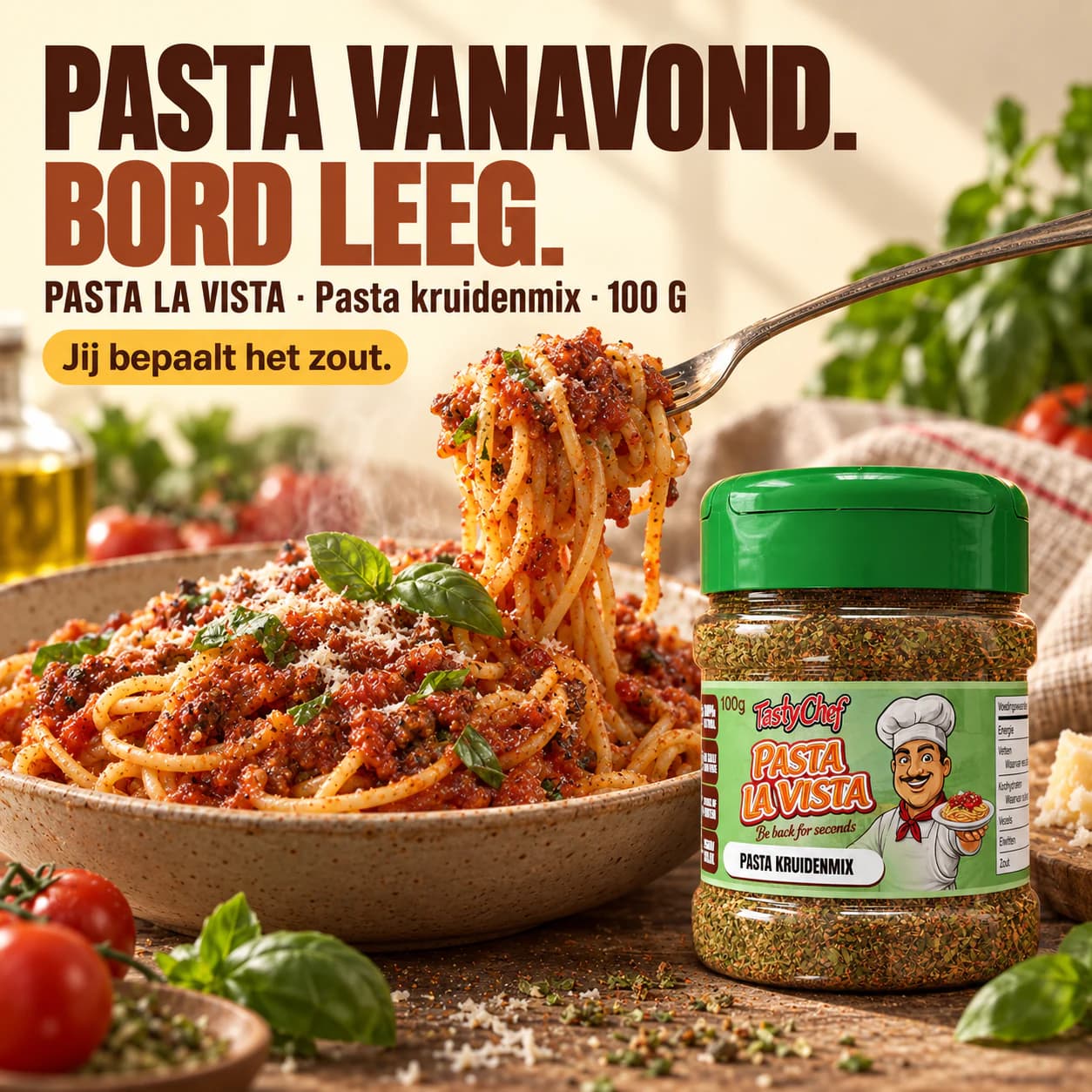 PASTA LA VISTA — hoofdslide met de belangrijkste belofte