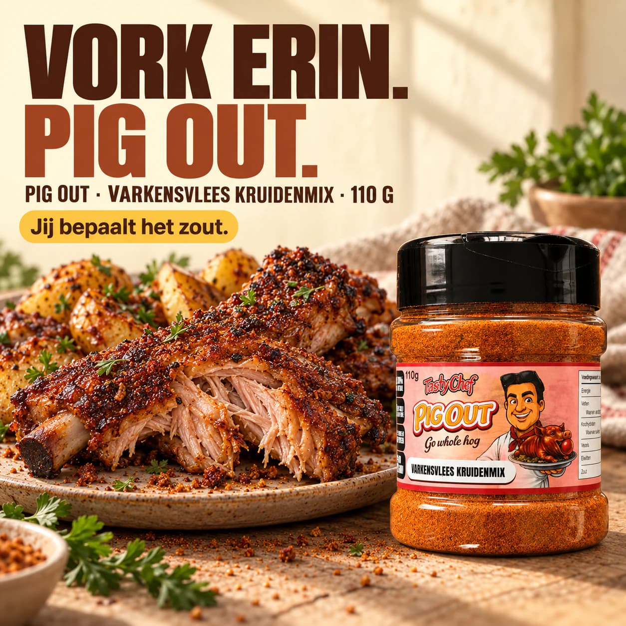 PIG OUT — hoofdslide met de belangrijkste belofte