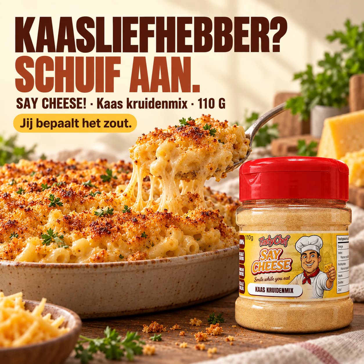 SAY CHEESE — hoofdslide met de belangrijkste belofte