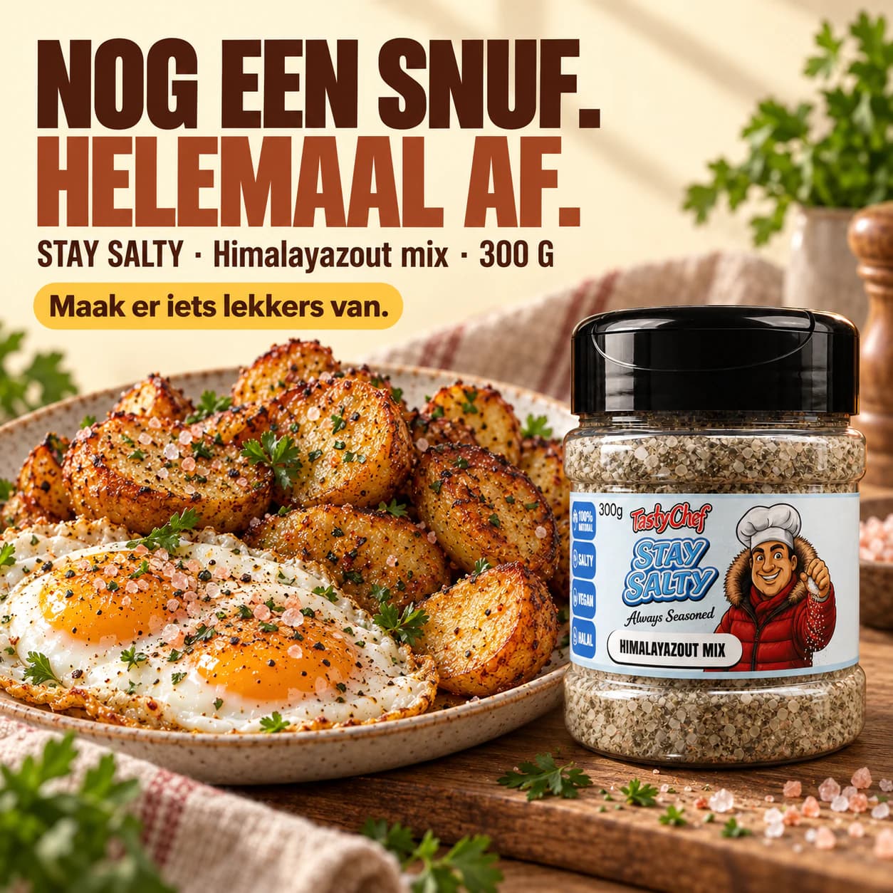 STAY SALTY — hoofdslide met de belangrijkste belofte